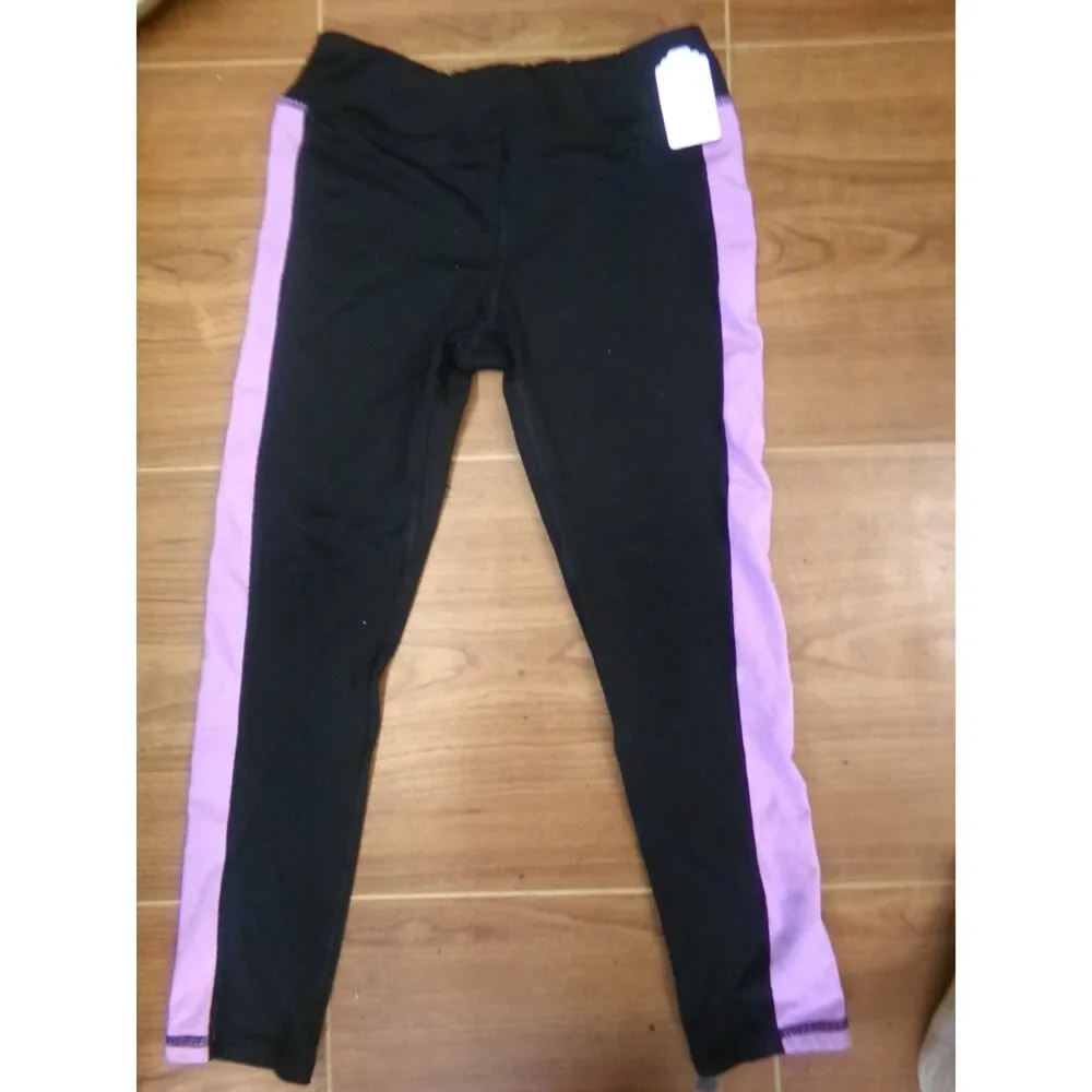 Pre-Owned Dance Leggings Large Child Black Purple Stripe Athletic Works Gymnast